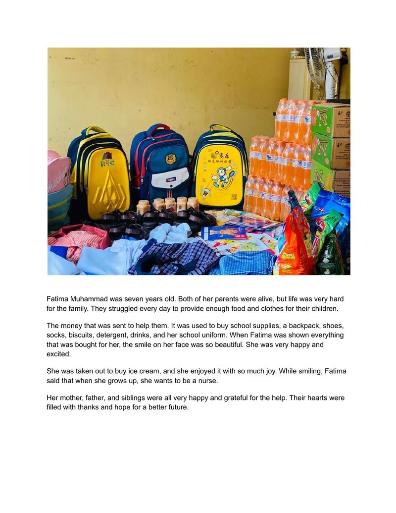 A colourful spread of school supplies, bags, drinks and household items purchased for the children